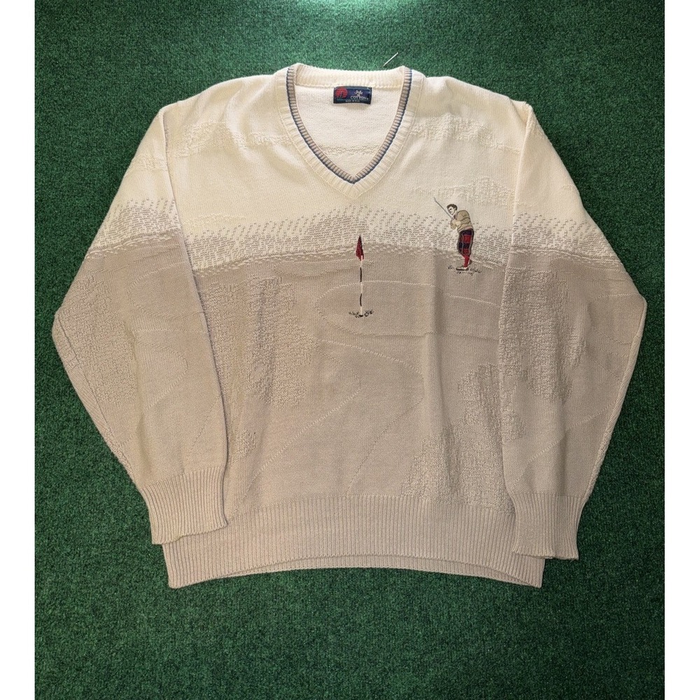Isle of Cotton Cream Golf V-Neck Sweater Mens Size L Made in USA
